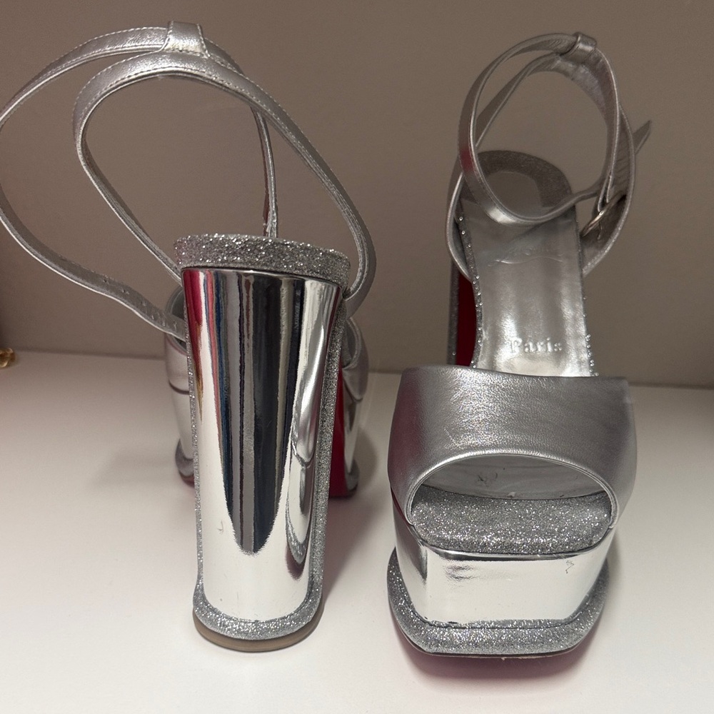 Christian Louboutin Silver Metallic Platform Block Sandals with Ankle Strap